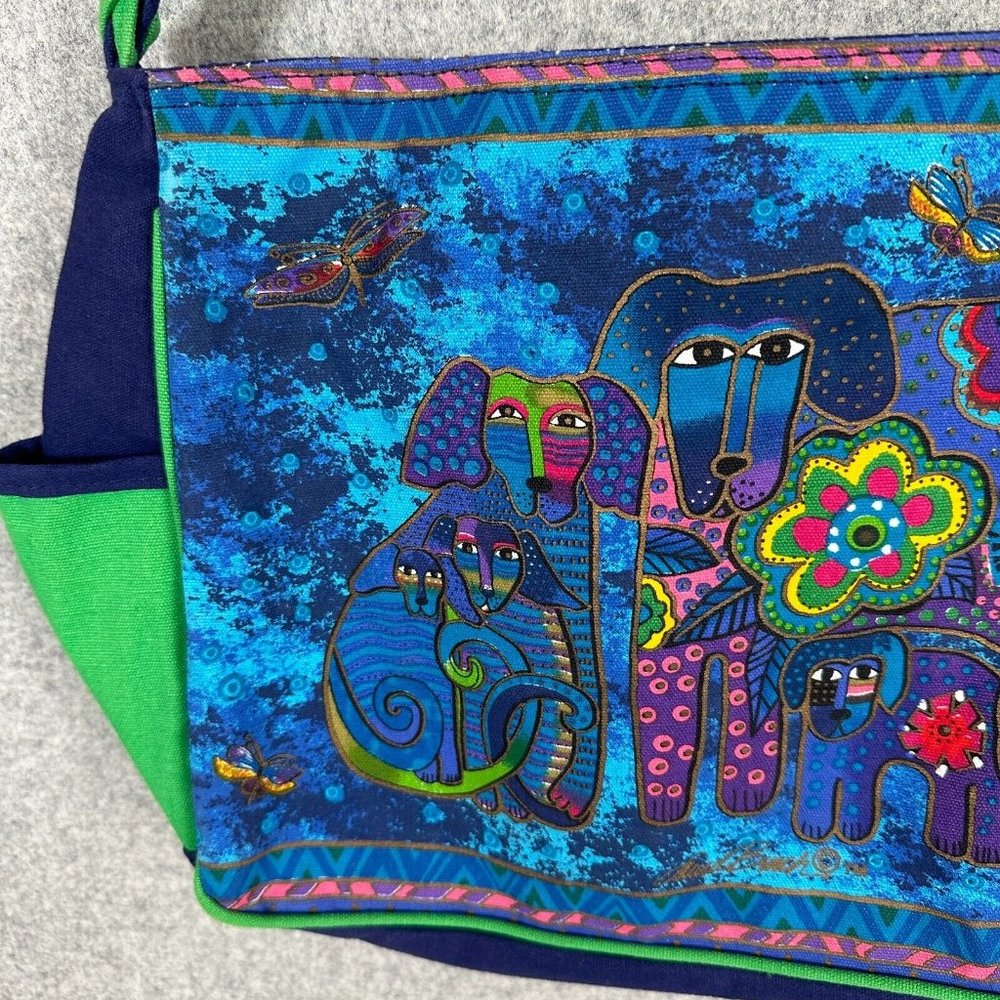 Laurel Burch Purse Shoulder Bag Colorful Vibrant Blue Dogs Sequins Canvas Tote - Picture 14 of 16